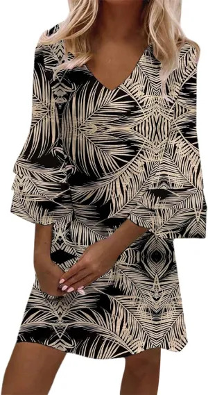 Boho Floral Mini Dress for Women | V Neck 3/4 Bell Sleeve Summer Dress, Flowy Loose Beach Dresses with Casual Chic Style