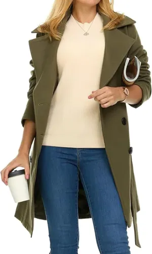 chouyatou Women's Winter Double Breasted Wool Coat Notch Collared Wool Blend Trench Pea Coat with Belt