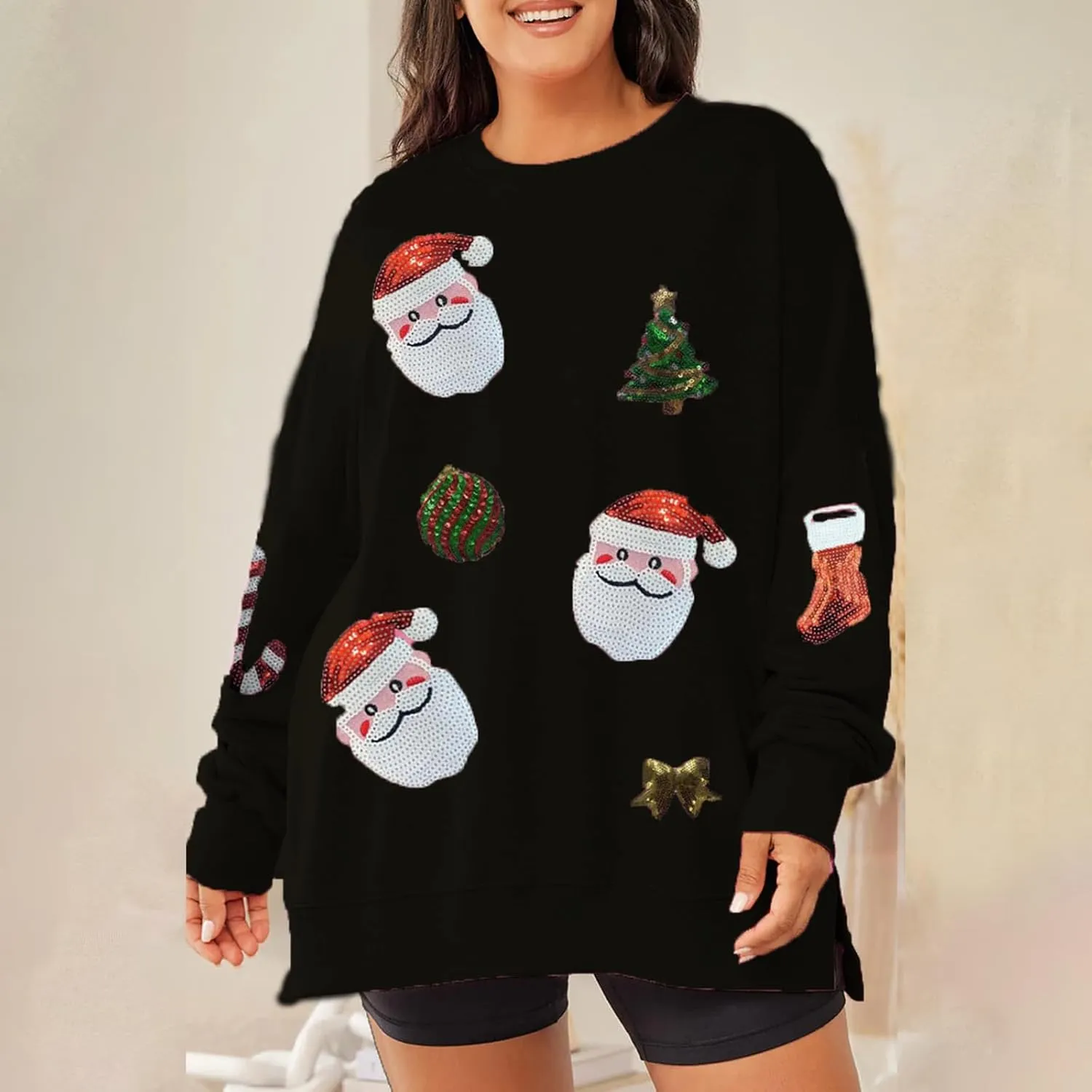 Christmas Sweatshirts Sequin Women Y2k Oversized Graphic Long Sleeve Sweater Holiday Merry Xmas Shirts Pullover Tops