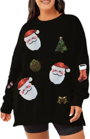 Christmas Sweatshirts Sequin Women Y2k Oversized Graphic Long Sleeve Sweater Holiday Merry Xmas Shirts Pullover Tops