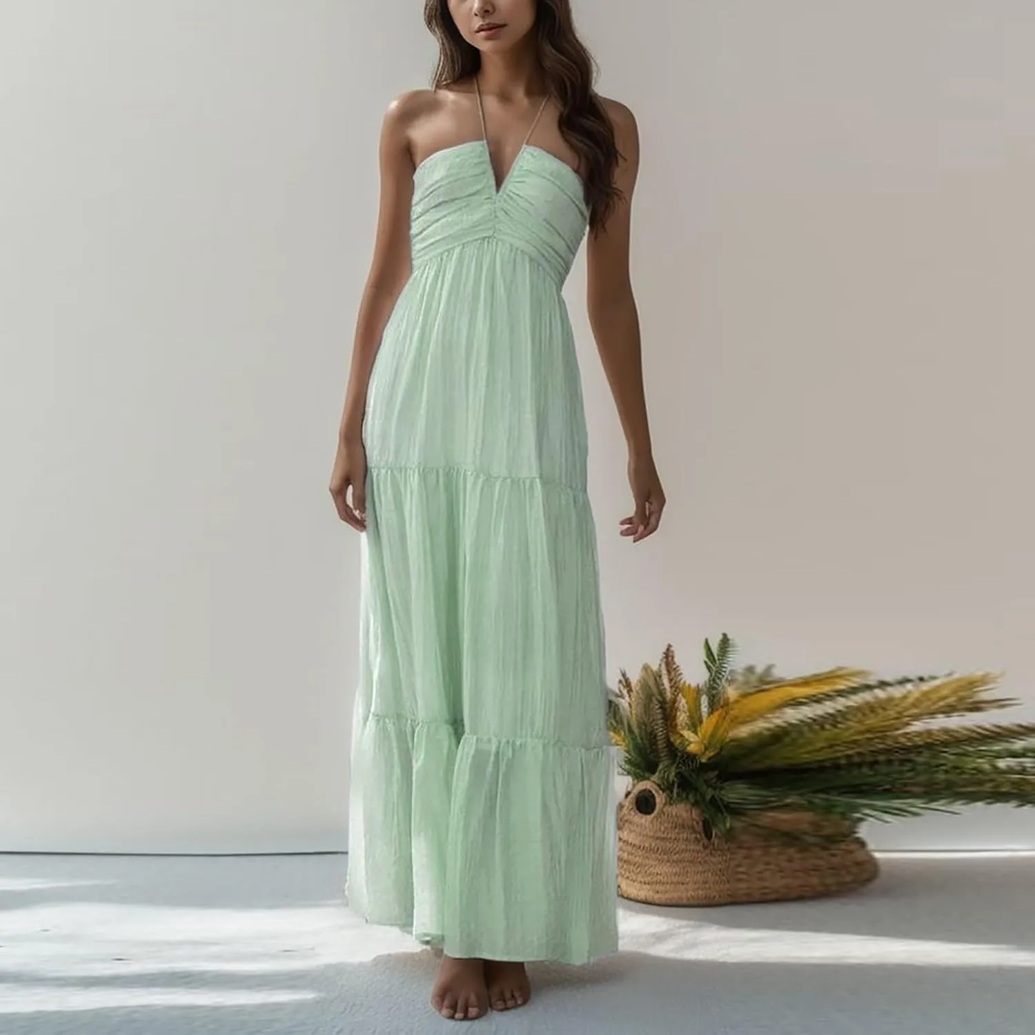 Cocktail Dresses for Women Flowy Sleeveless Eyelet Maxi Dress V Neck Backless Cutout Mesh Sundress Boho Long Dresses