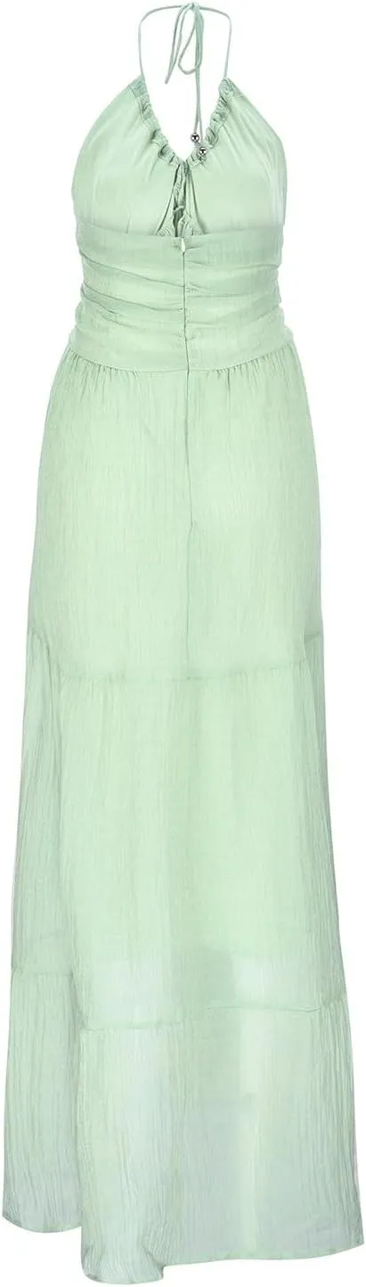 Cocktail Dresses for Women Flowy Sleeveless Eyelet Maxi Dress V Neck Backless Cutout Mesh Sundress Boho Long Dresses