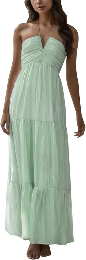 Cocktail Dresses for Women Flowy Sleeveless Eyelet Maxi Dress V Neck Backless Cutout Mesh Sundress Boho Long Dresses