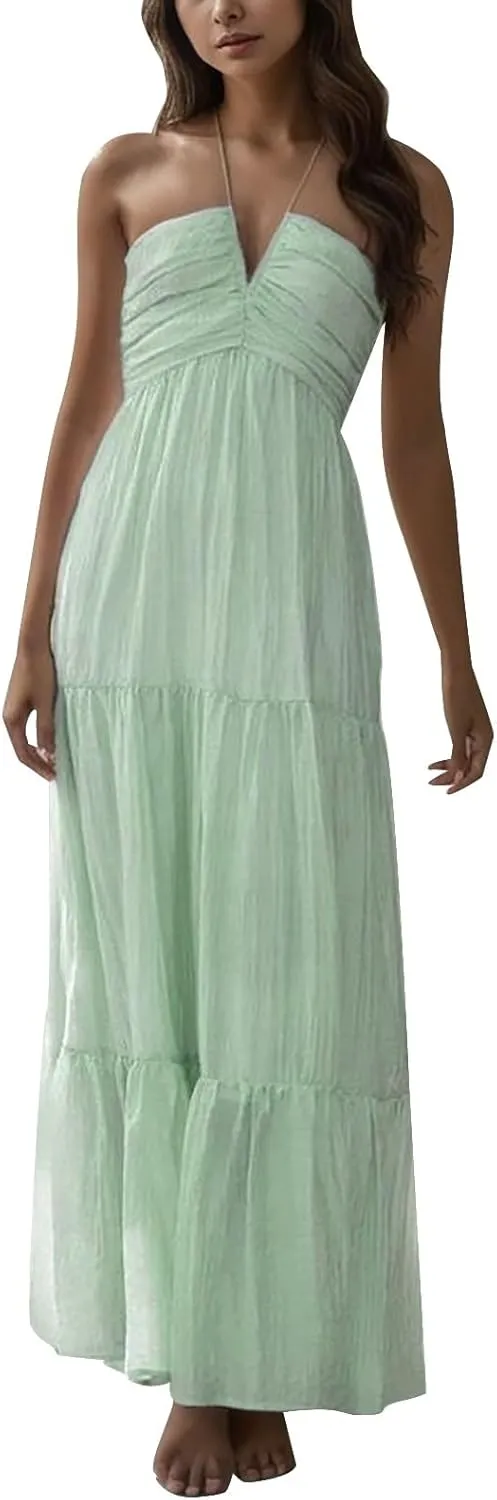 Cocktail Dresses for Women Flowy Sleeveless Eyelet Maxi Dress V Neck Backless Cutout Mesh Sundress Boho Long Dresses