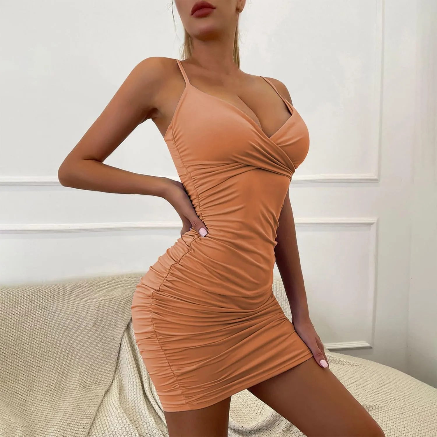 Cut Out Bodycon Dress for Women Deep V Neck Tie Front Ruffle Hem Sexy Mini Dress Clubwear Summer Party Dresses