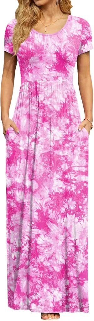 DB MOON Women's Short Sleeve Maxi Dresses Casual Empire Waist Long Dress with Pockets