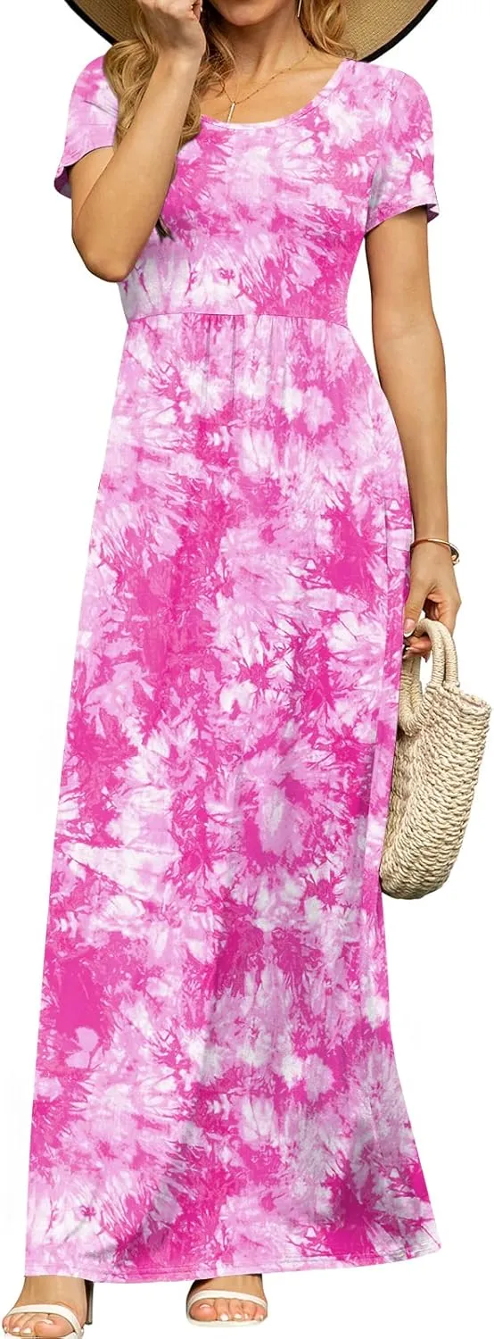 DB MOON Women's Short Sleeve Maxi Dresses Casual Empire Waist Long Dress with Pockets