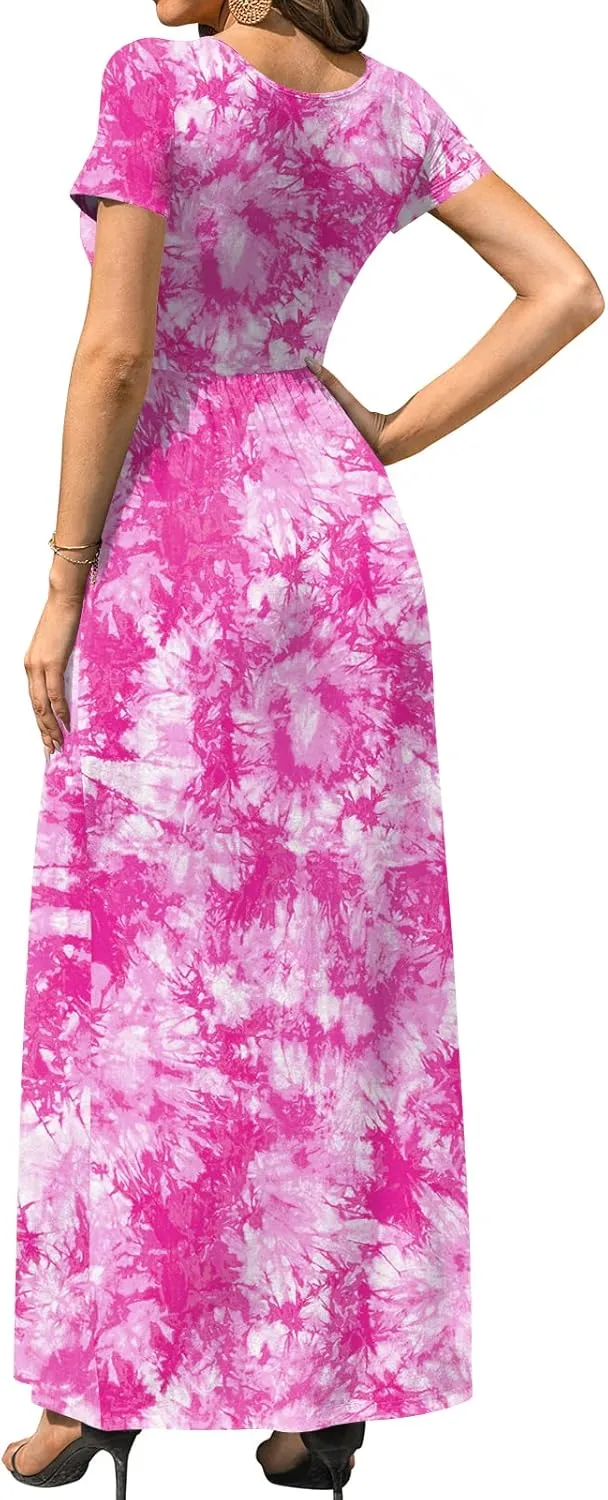DB MOON Women's Short Sleeve Maxi Dresses Casual Empire Waist Long Dress with Pockets