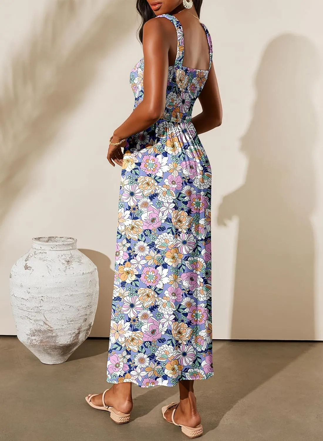 Dokotoo Summer Dress Casual Womens Fashion Sleeveless Printed Midi Dress with Pockets Pleat Long Tiered Maxi Dress