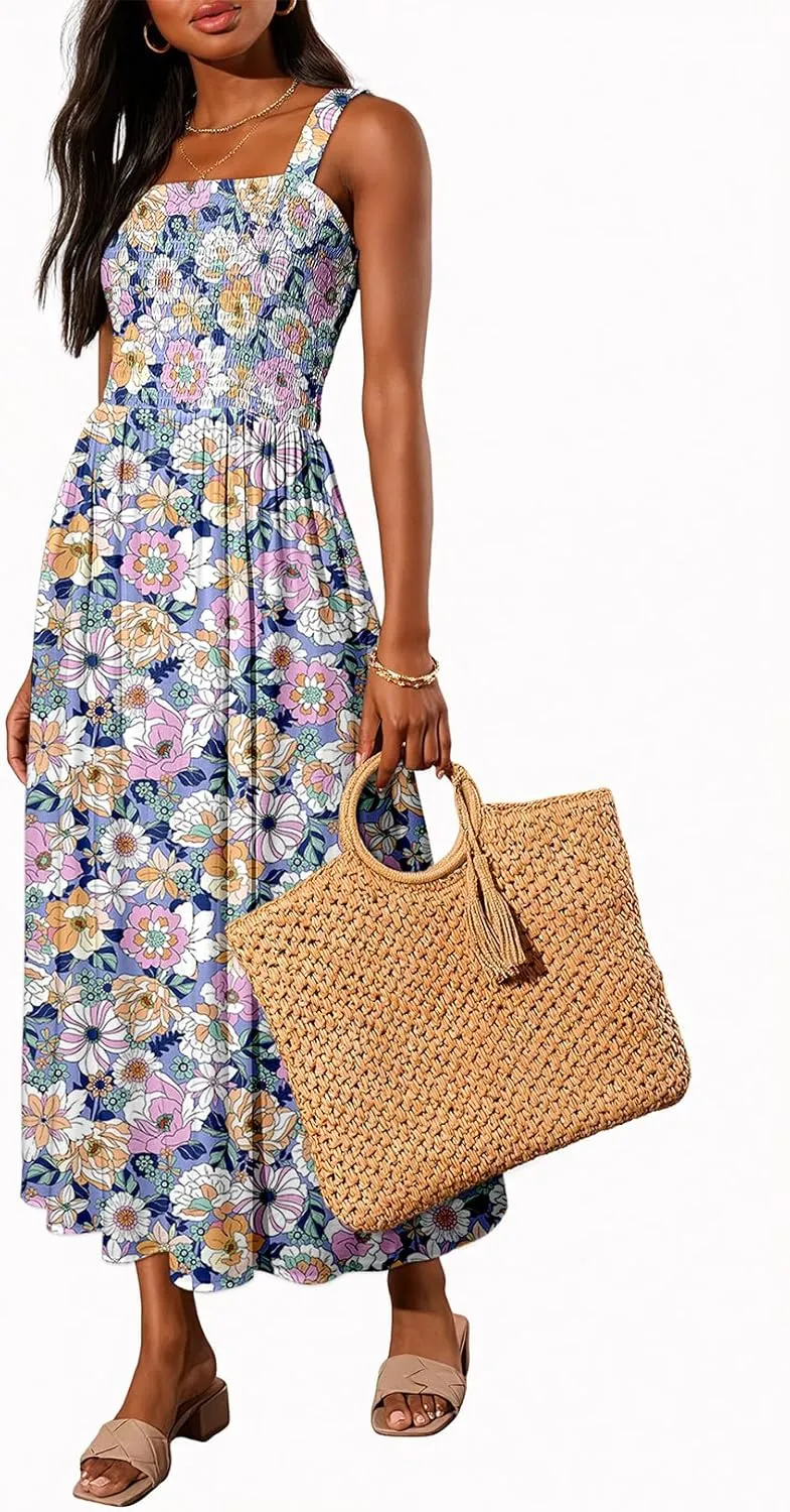 Dokotoo Summer Dress Casual Womens Fashion Sleeveless Printed Midi Dress with Pockets Pleat Long Tiered Maxi Dress