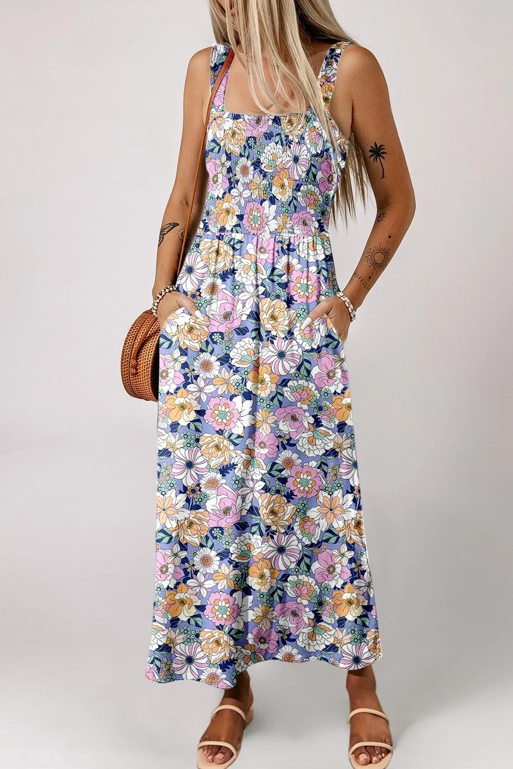 Dokotoo Summer Dress Casual Womens Fashion Sleeveless Printed Midi Dress with Pockets Pleat Long Tiered Maxi Dress