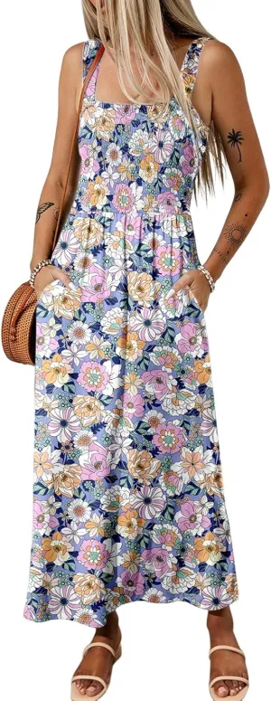 Dokotoo Summer Dress Casual Womens Fashion Sleeveless Printed Midi Dress with Pockets Pleat Long Tiered Maxi Dress