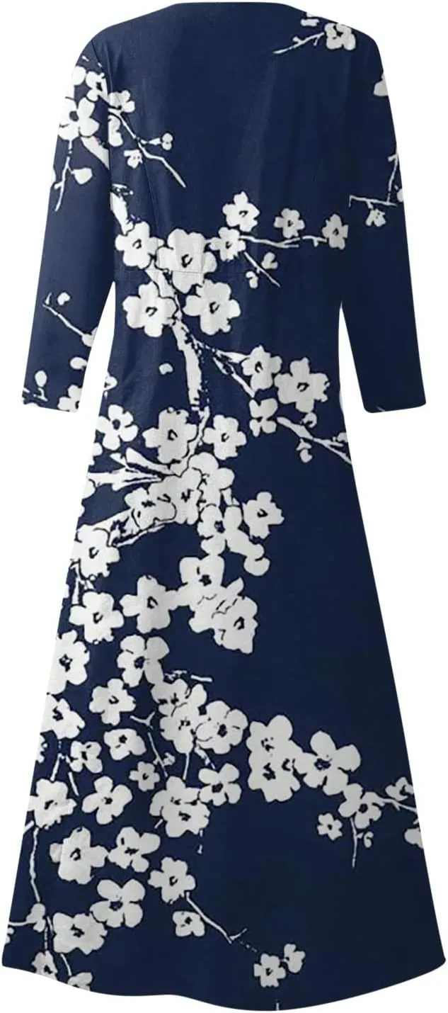 Dress Women Long Womens Boho Floral Print Loose Fit Casual Summer 3/4 Sleeve Crewneck Long Dress with Pockets