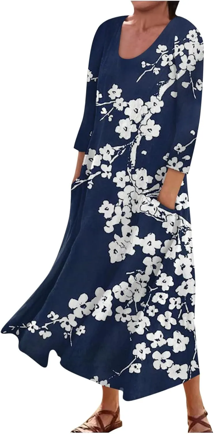Dress Women Long Womens Boho Floral Print Loose Fit Casual Summer 3/4 Sleeve Crewneck Long Dress with Pockets
