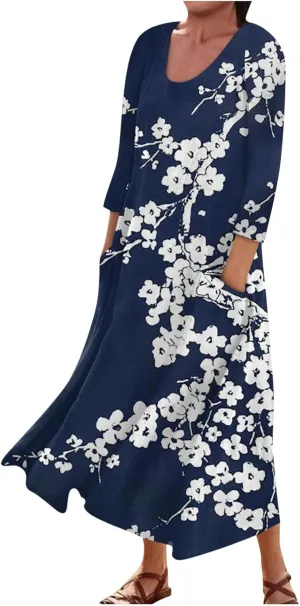 Dress Women Long Womens Boho Floral Print Loose Fit Casual Summer 3/4 Sleeve Crewneck Long Dress with Pockets