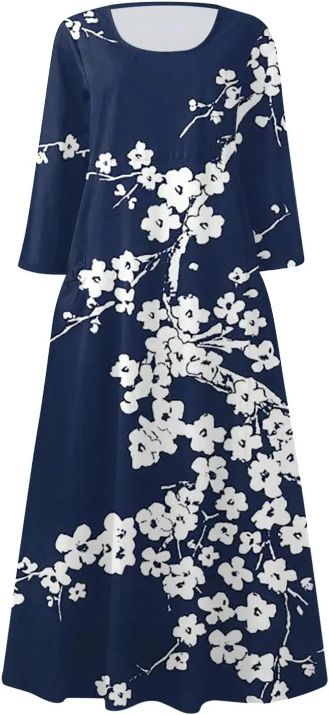 Dress Women Long Womens Boho Floral Print Loose Fit Casual Summer 3/4 Sleeve Crewneck Long Dress with Pockets