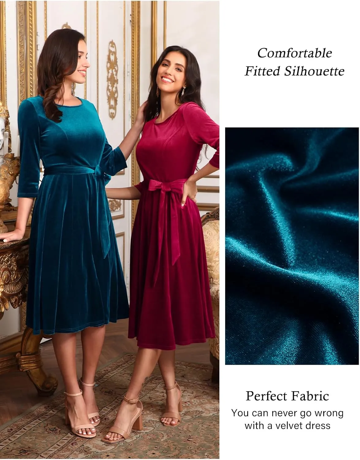 DRESSTELLS Velvet Cocktail Dress for Women, 2024 Winter Christmas Holiday Dress, 3/4 Long Sleeves Party Formal Dress