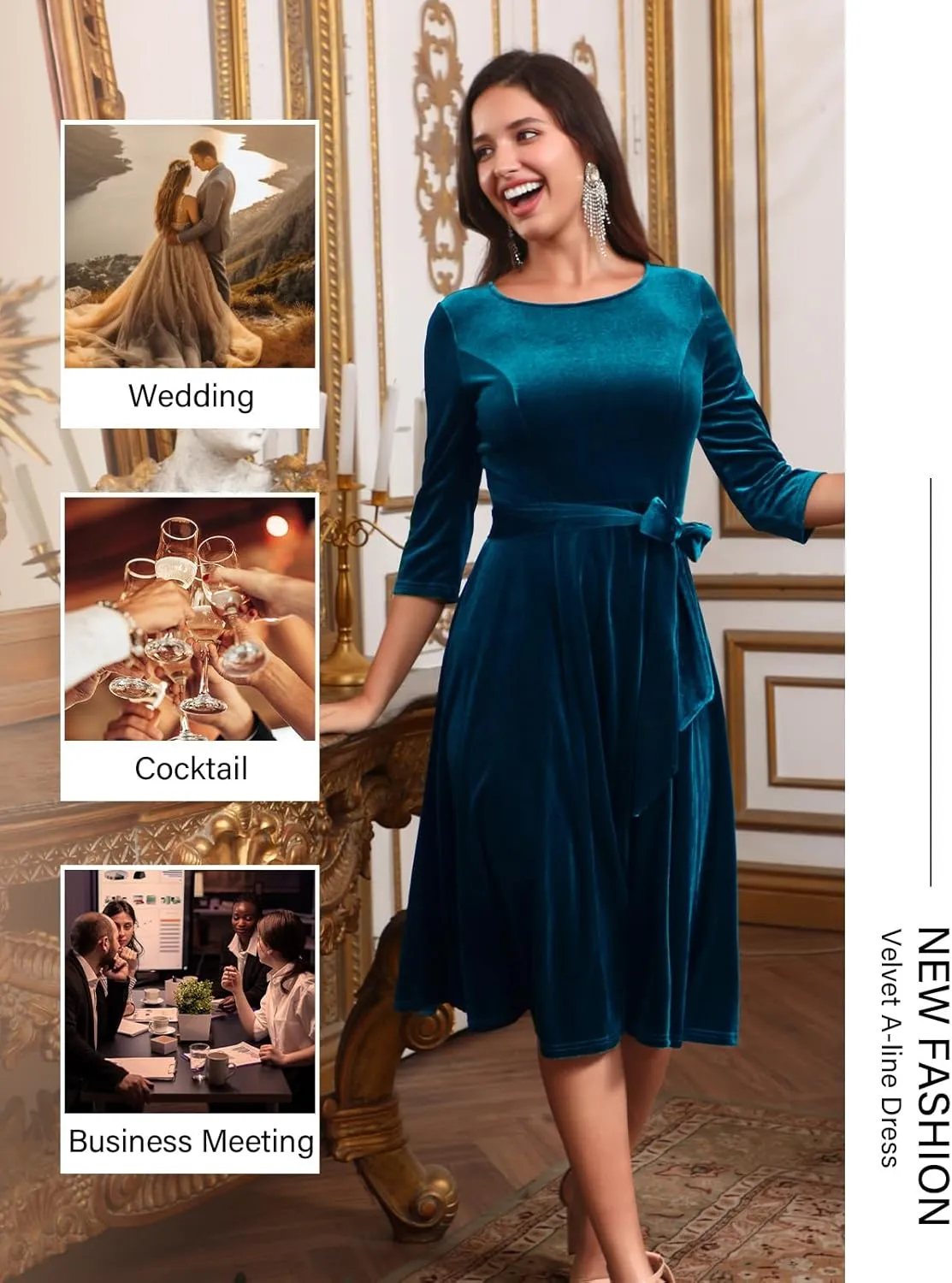 DRESSTELLS Velvet Cocktail Dress for Women, 2024 Winter Christmas Holiday Dress, 3/4 Long Sleeves Party Formal Dress