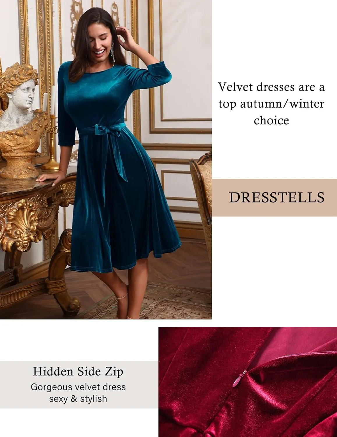 DRESSTELLS Velvet Cocktail Dress for Women, 2024 Winter Christmas Holiday Dress, 3/4 Long Sleeves Party Formal Dress