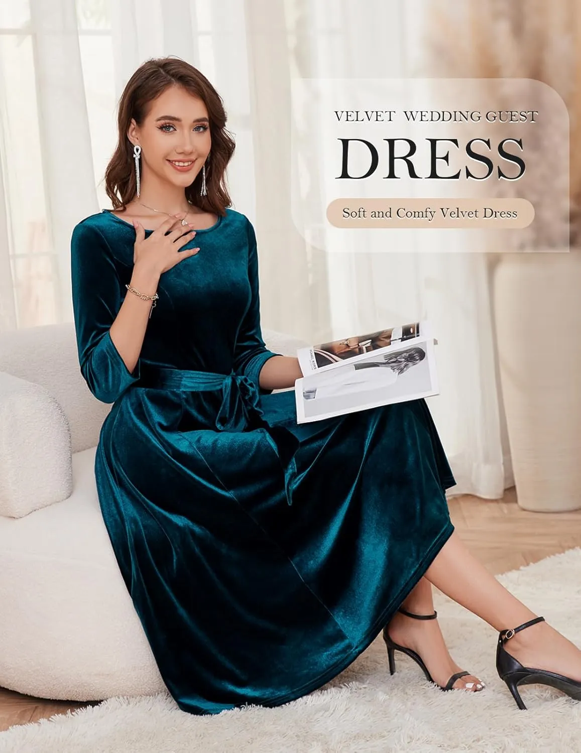 DRESSTELLS Velvet Cocktail Dress for Women, 2024 Winter Christmas Holiday Dress, 3/4 Long Sleeves Party Formal Dress