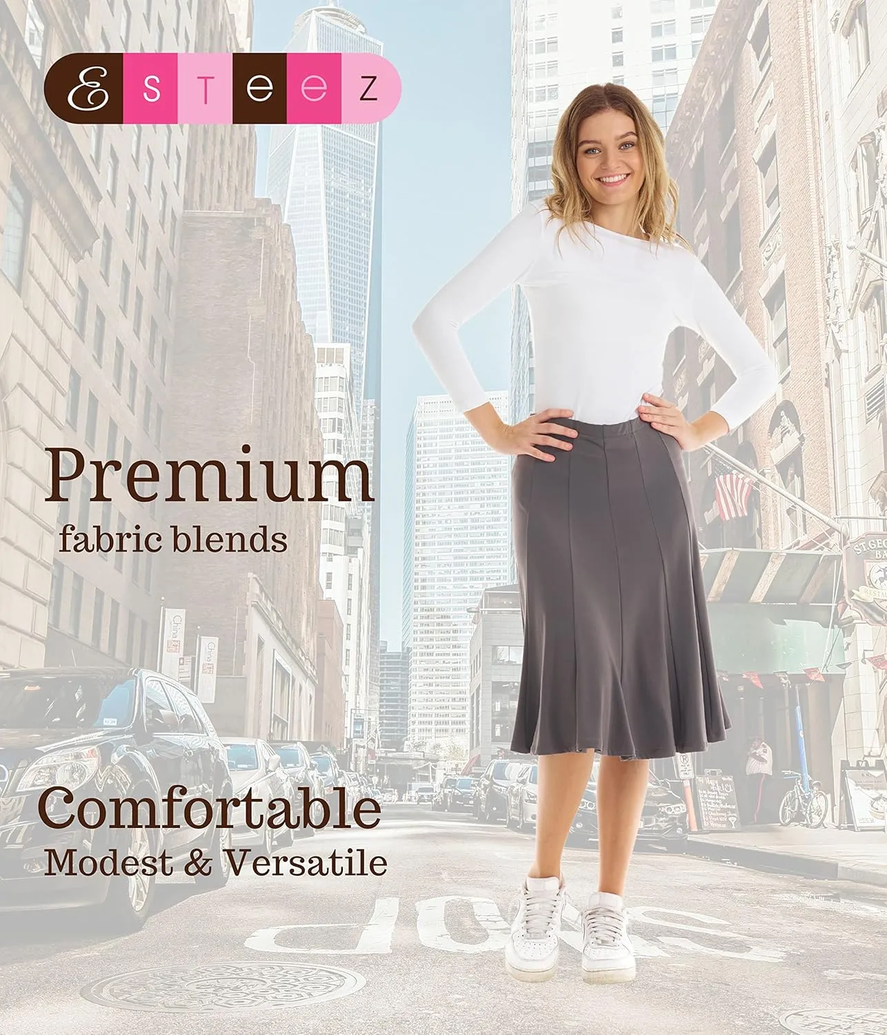 ESTEEZ Stretchy A-Line Skirt for Women - Knee Length/Midi