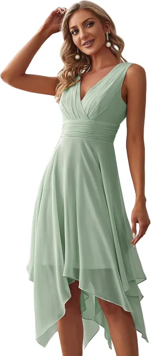 Ever-Pretty Women's V Neck Pleated Waist Sleeveless Wedding Guest Dress Chiffon Irregular Hem Cocktail Dresses 03142