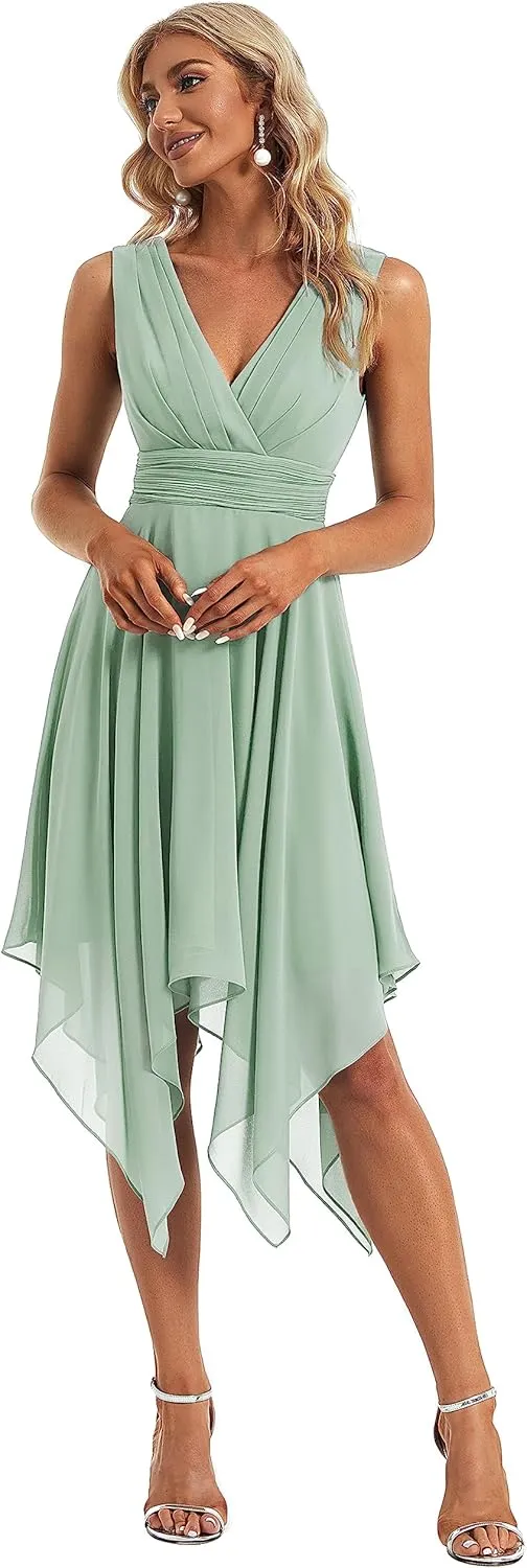 Ever-Pretty Women's V Neck Pleated Waist Sleeveless Wedding Guest Dress Chiffon Irregular Hem Cocktail Dresses 03142