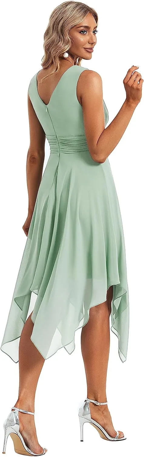 Ever-Pretty Women's V Neck Pleated Waist Sleeveless Wedding Guest Dress Chiffon Irregular Hem Cocktail Dresses 03142