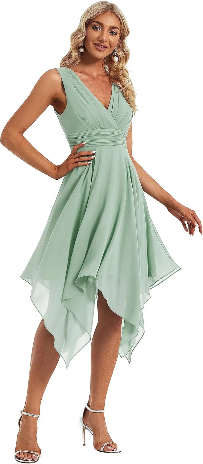 Ever-Pretty Women's V Neck Pleated Waist Sleeveless Wedding Guest Dress Chiffon Irregular Hem Cocktail Dresses 03142