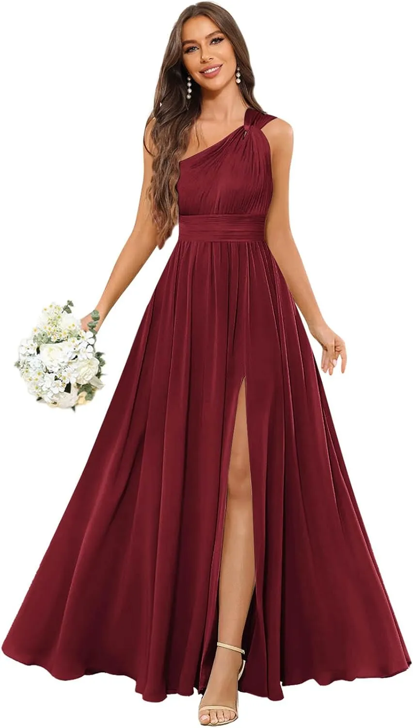GUKARLEED Womens Long One Shoulder Bridesmaid Dresses Wrap Ruffles Chiffon A-line Wedding Guest Dress Formal Dress with Slit