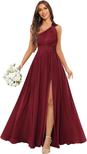 GUKARLEED Womens Long One Shoulder Bridesmaid Dresses Wrap Ruffles Chiffon A-line Wedding Guest Dress Formal Dress with Slit