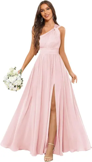 GUKARLEED Womens Long One Shoulder Bridesmaid Dresses Wrap Ruffles Chiffon A-line Wedding Guest Dress Formal Dress with Slit