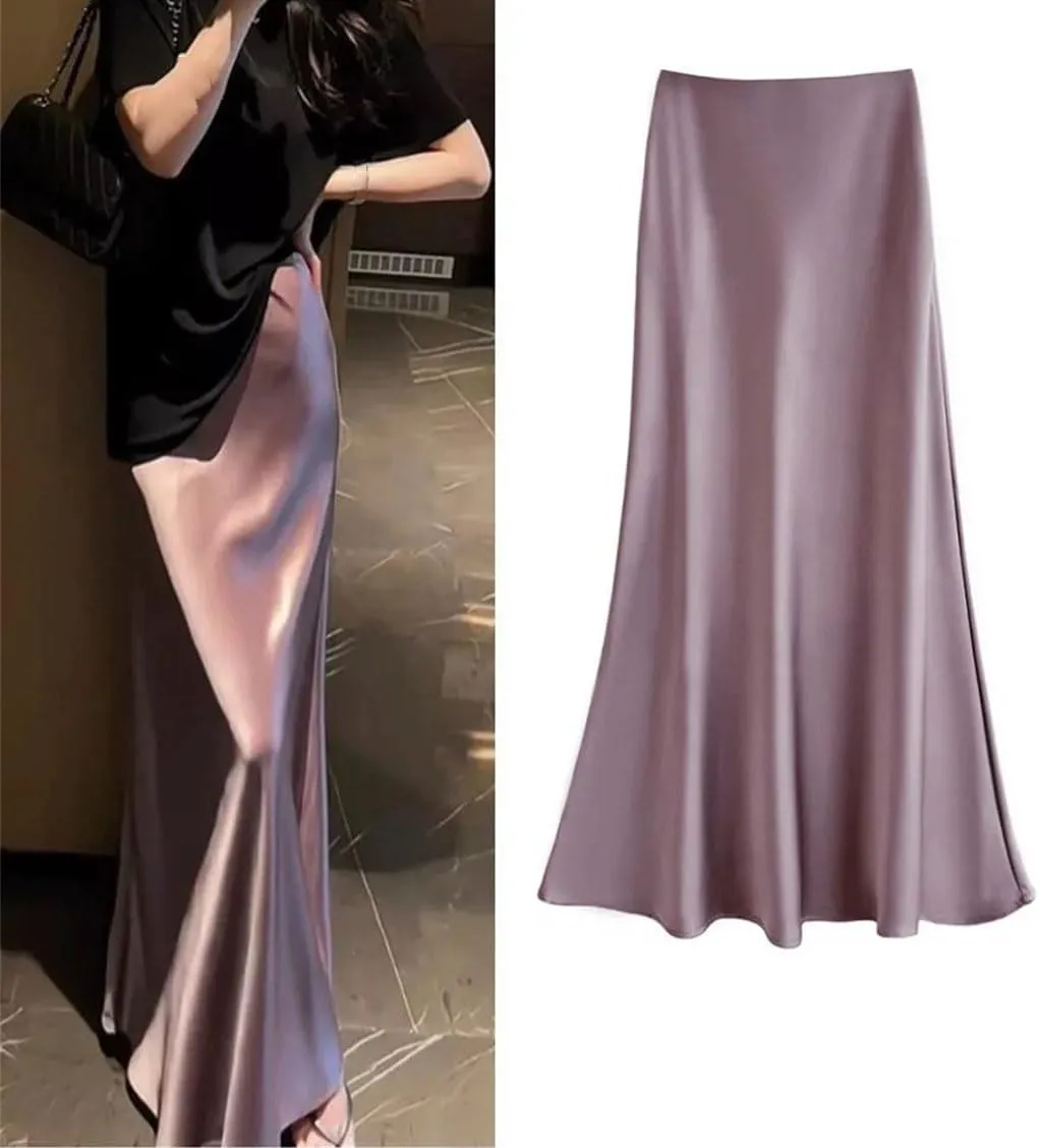 High Waist A-Line Long Skirt Satin Silky Mermaid Skirt Party Prom Elegant Wrap Hip Skirt