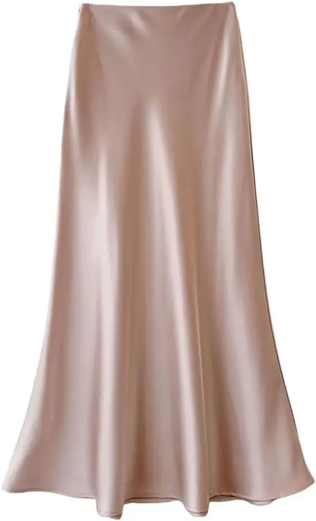 High Waist A-Line Long Skirt Satin Silky Mermaid Skirt Party Prom Elegant Wrap Hip Skirt
