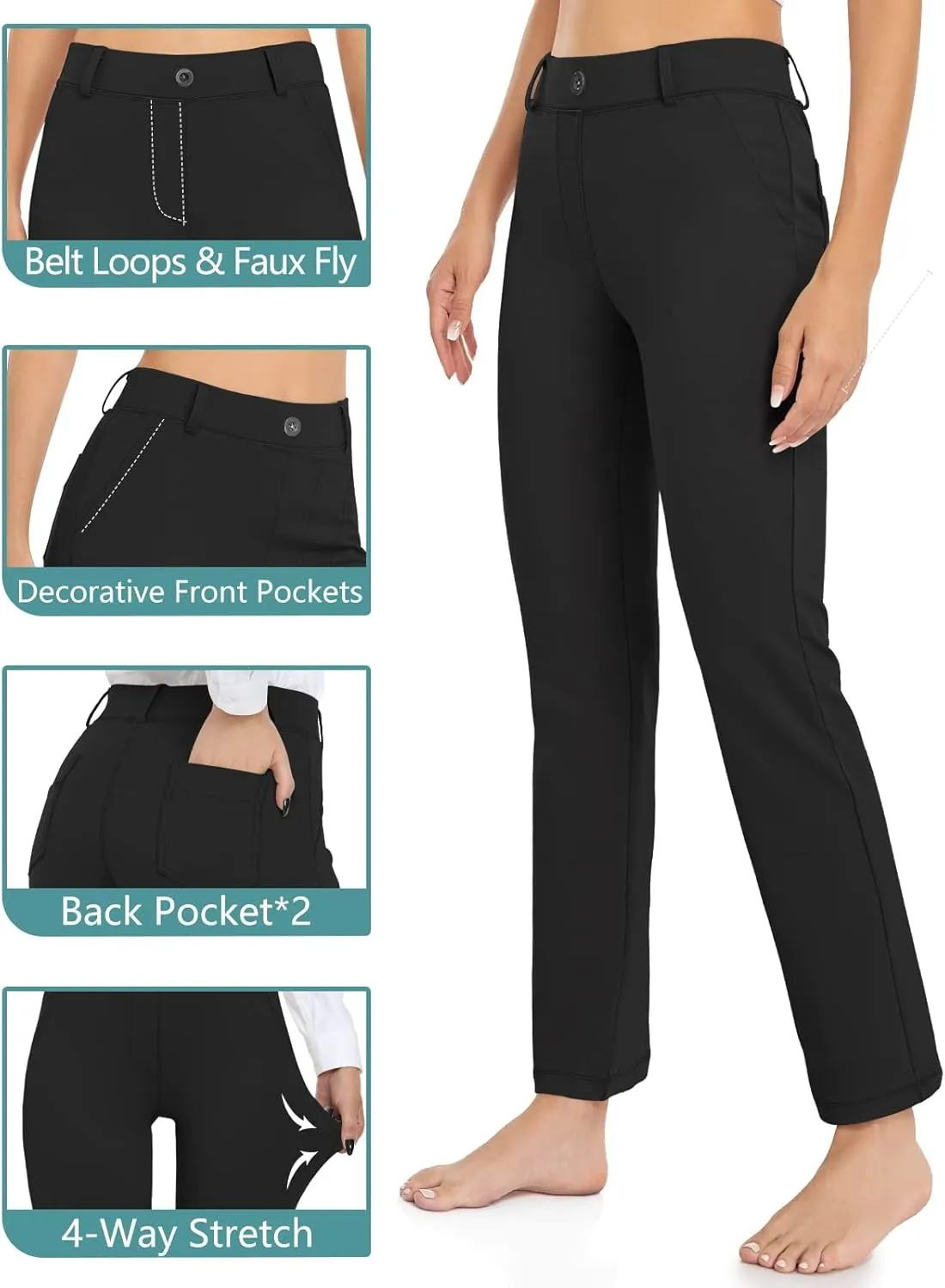 HISKYWIN Women Yoga Dress Pants Stretchy Work Pants Straightleg/Bootcut Office Slacks with Pockets for Business Casual Petite