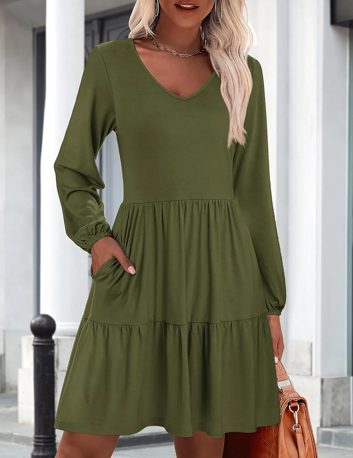 HOTOUCH Womens Casual A Line Dress V Neck Tiered Long Sleeve Fit Swing Dress with Pockets Loose Ruffled Dresses