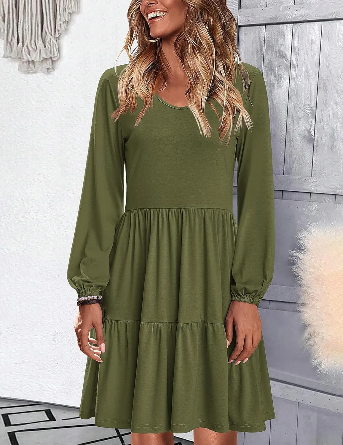 HOTOUCH Womens Casual A Line Dress V Neck Tiered Long Sleeve Fit Swing Dress with Pockets Loose Ruffled Dresses