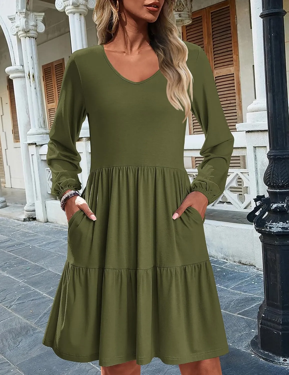 HOTOUCH Womens Casual A Line Dress V Neck Tiered Long Sleeve Fit Swing Dress with Pockets Loose Ruffled Dresses