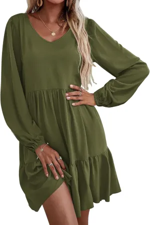 HOTOUCH Womens Casual A Line Dress V Neck Tiered Long Sleeve Fit Swing Dress with Pockets Loose Ruffled Dresses