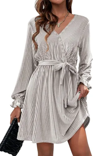 HOTOUCH Women's Velvet Dress Wrap V Neck Flared Dress Long Lantern Sleeve Dresses with Belt Cocktail Party Dress