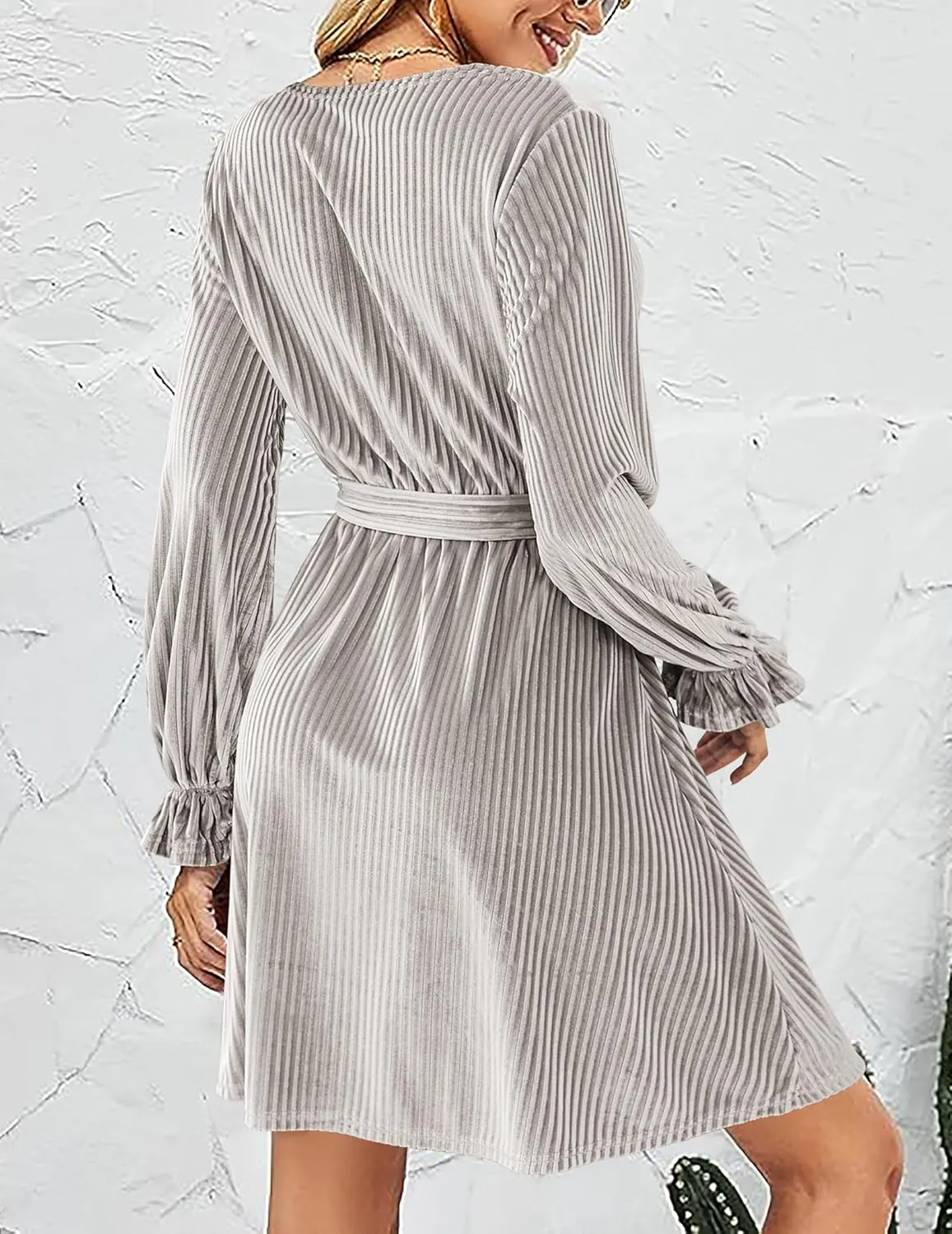 HOTOUCH Women's Velvet Dress Wrap V Neck Flared Dress Long Lantern Sleeve Dresses with Belt Cocktail Party Dress