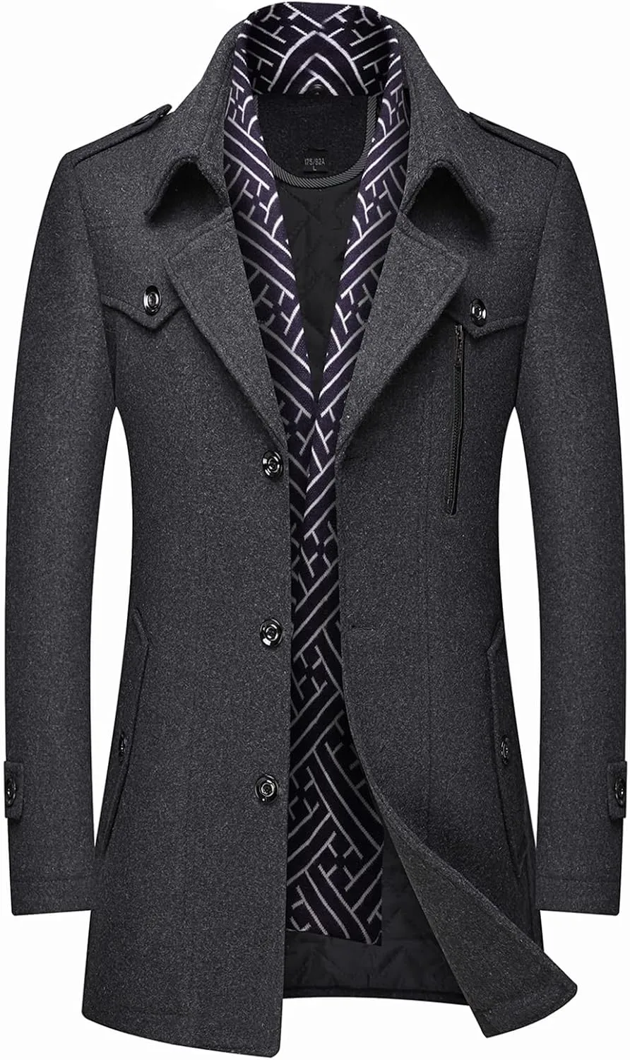 INVACHI Men's Wool Blend Coat Warm Winter Trench Coat with Detachable Soft Scarf Single Breasted Pea Coat