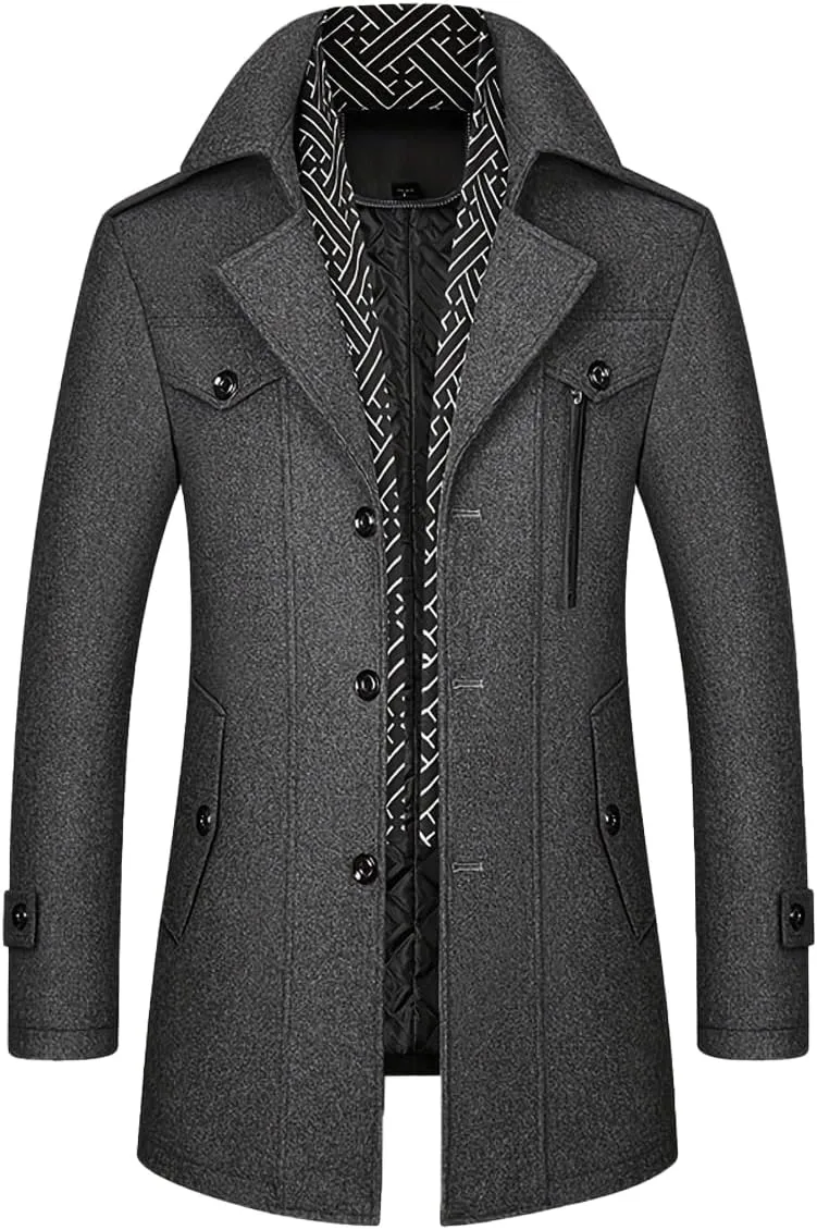 INVACHI Men's Wool Blend Coat Warm Winter Trench Coat with Detachable Soft Scarf Single Breasted Pea Coat