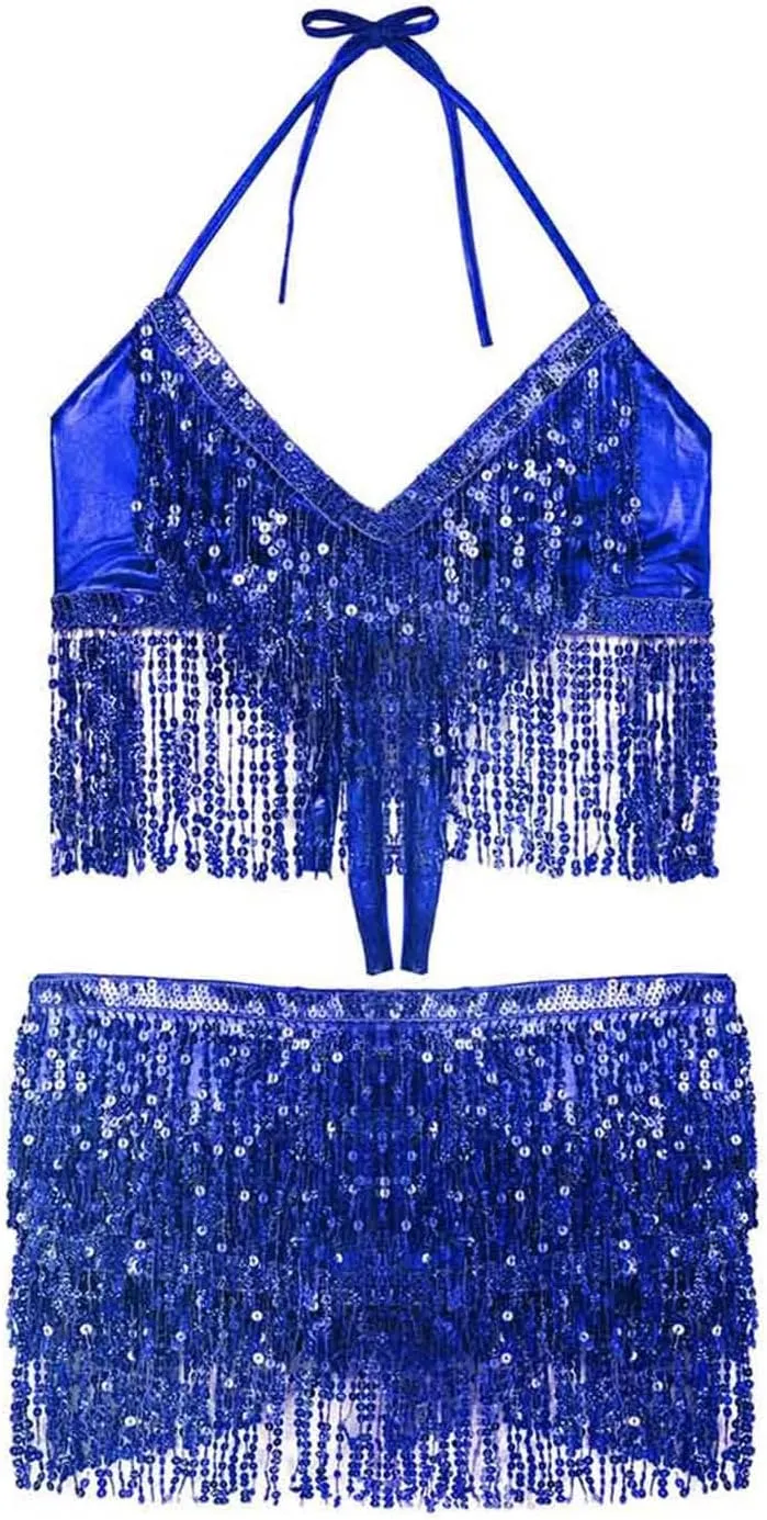 Kakaco Belly Dance Skirt with Crop Top Sequins Fringe Skirts Set Rave Dance Bra Top Party Costume Outfits for Women and Girls