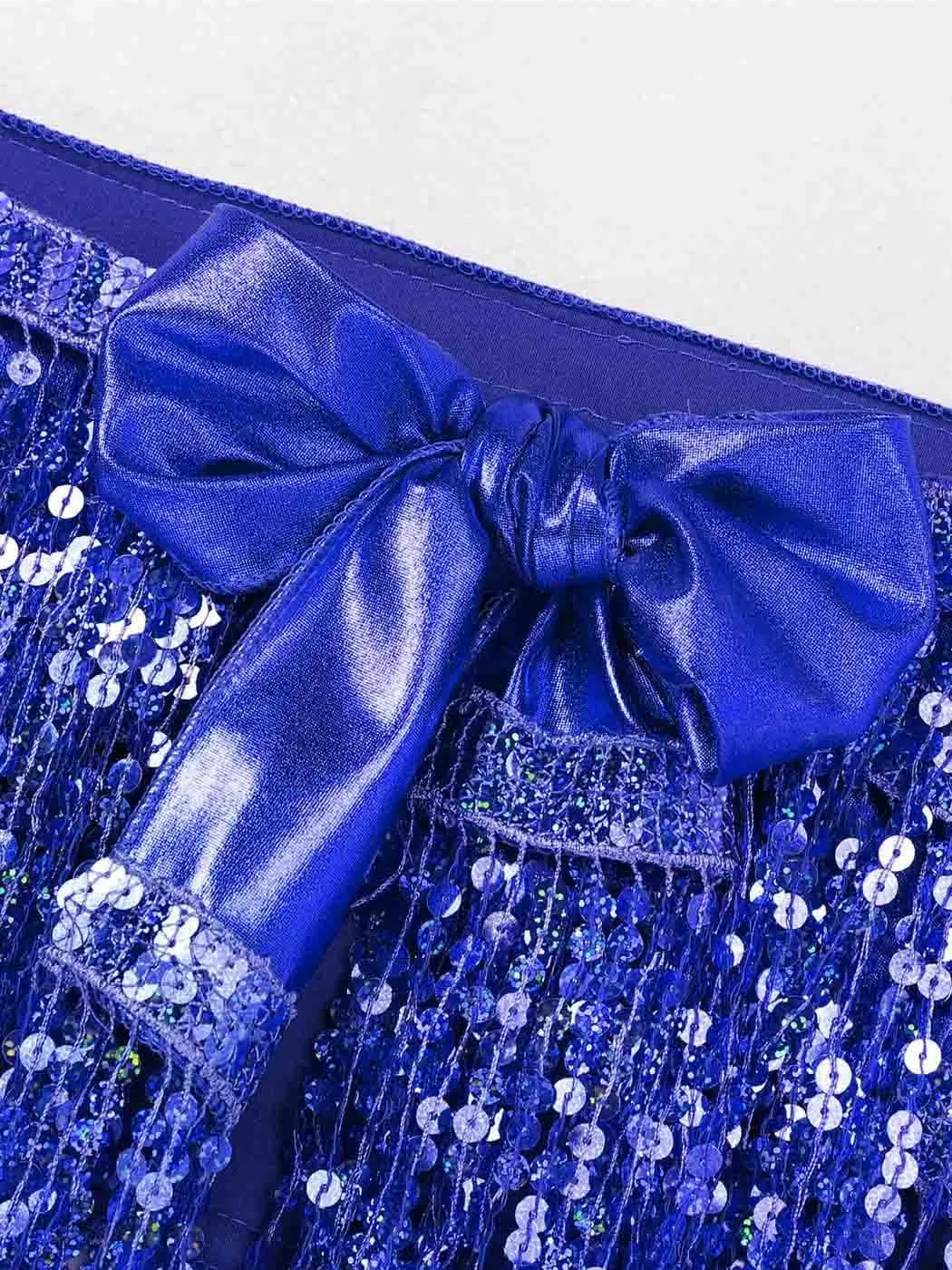 Kakaco Belly Dance Skirt with Crop Top Sequins Fringe Skirts Set Rave Dance Bra Top Party Costume Outfits for Women and Girls
