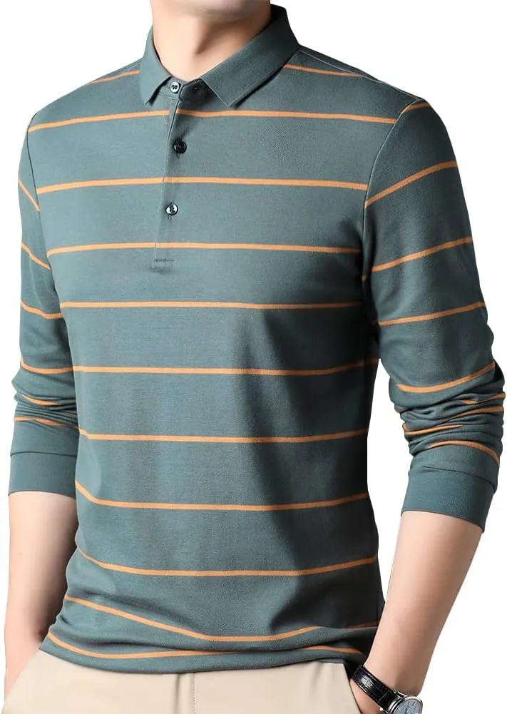 Mens Casual Cotton Striped Slim Fit Long Sleeve Collared T Shirt Polo Shirts