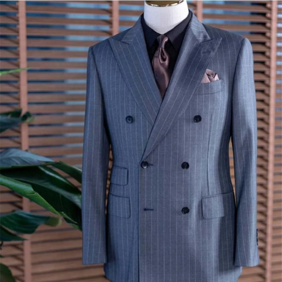 Men's Stripe Blazer Casual Daily Coat Double Breasted Suit Jacket