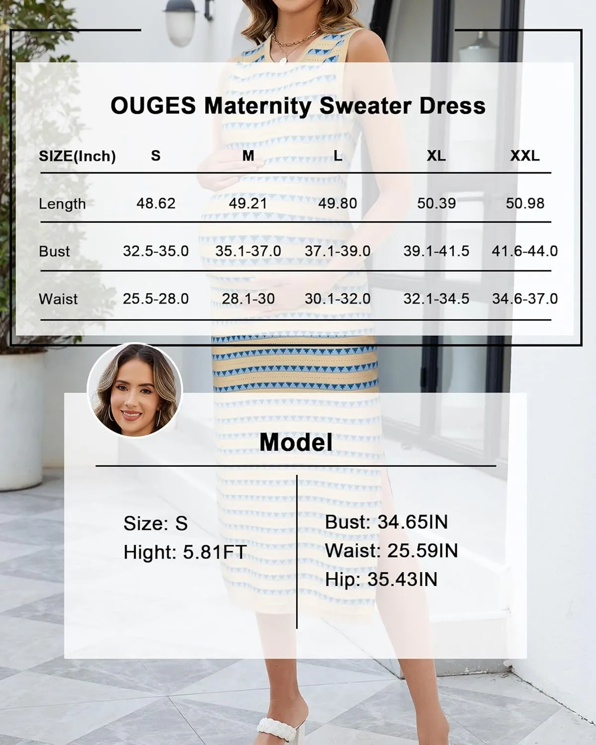 OUGES Women's 2025 Summer Maternity Dress Knit Sleeveless Crewneck Midi Dress Side Slit Striped Bodycon Sweater Dress