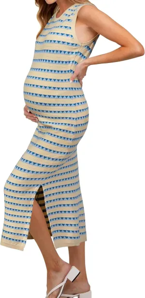 OUGES Women's 2025 Summer Maternity Dress Knit Sleeveless Crewneck Midi Dress Side Slit Striped Bodycon Sweater Dress
