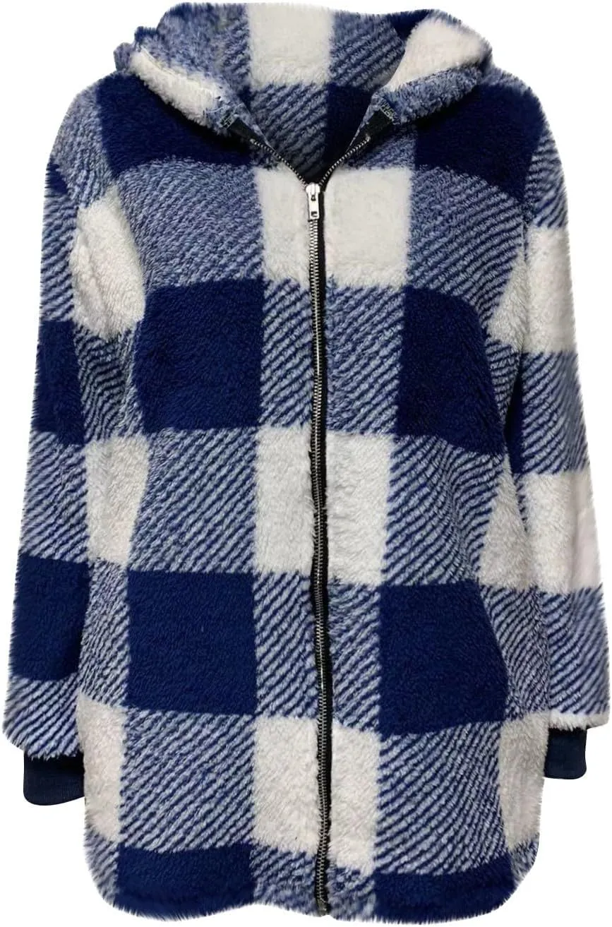 Plus Size Sherpa Jacket Women Plaid Oversized Fleece Full Zip Cardigan Sweater Comfy Fuzzy Winter Coat Hooded Outwear